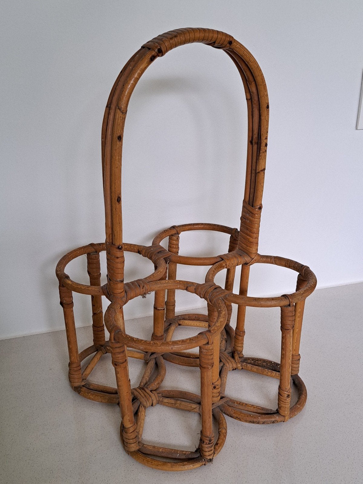 Vintage rotan flessenhouder / flessendrager (voor 4 flessen), Ophalen of Verzenden