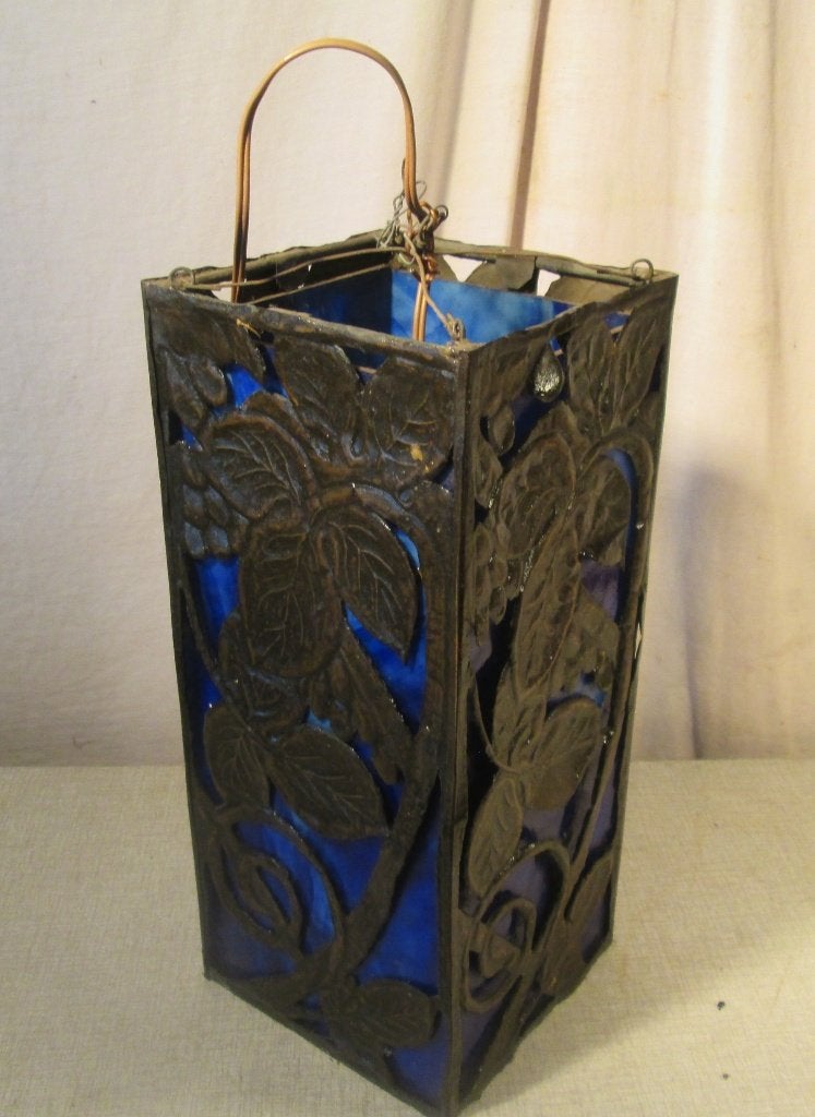 Antieke Hanglamp in metaal en blauw glas - 37cm, Antiek en Kunst, Ophalen of Verzenden