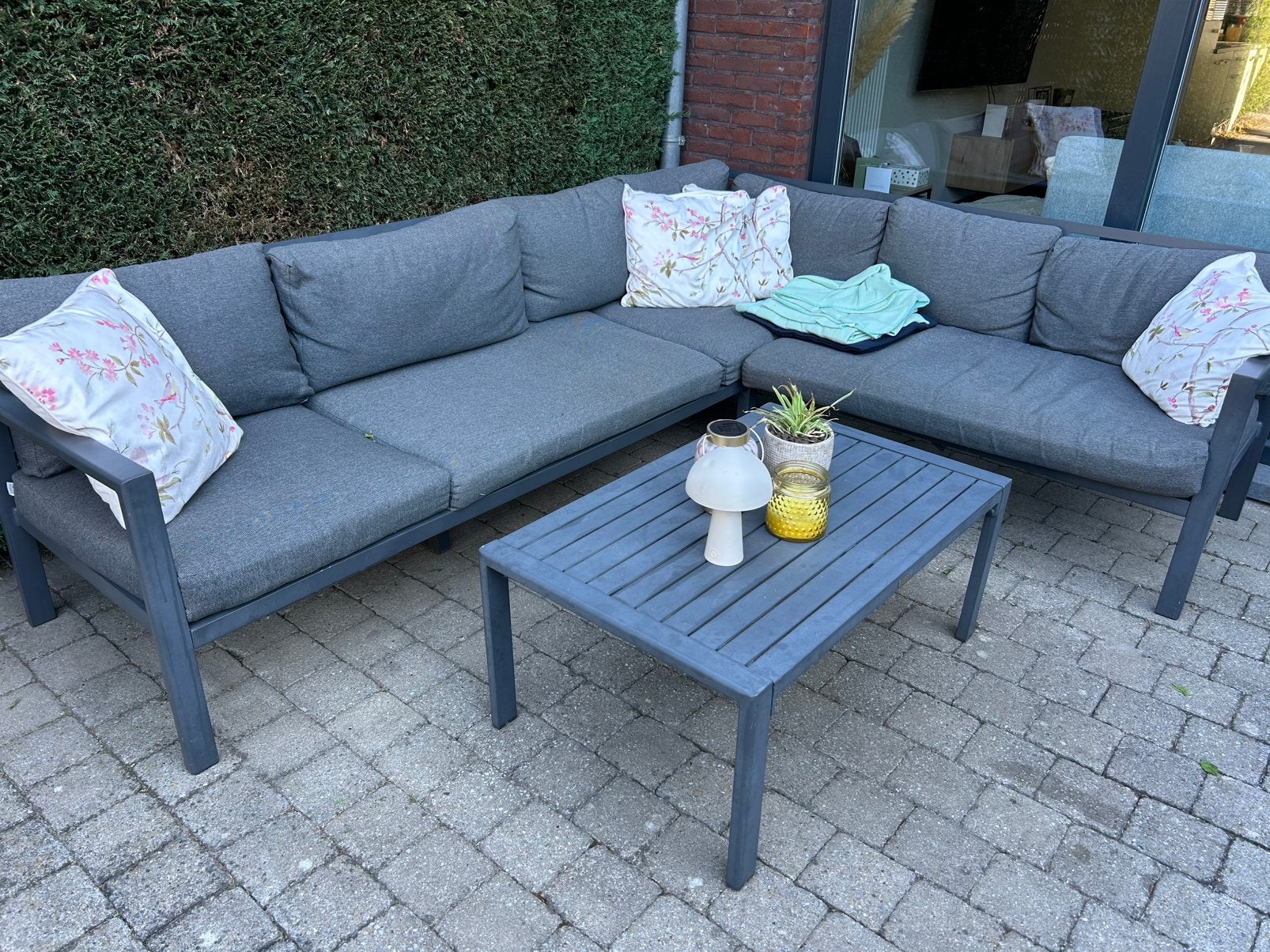 Lounge set antraciet met ligbed, 5 places, Banque, Aluminium, Comme neuf