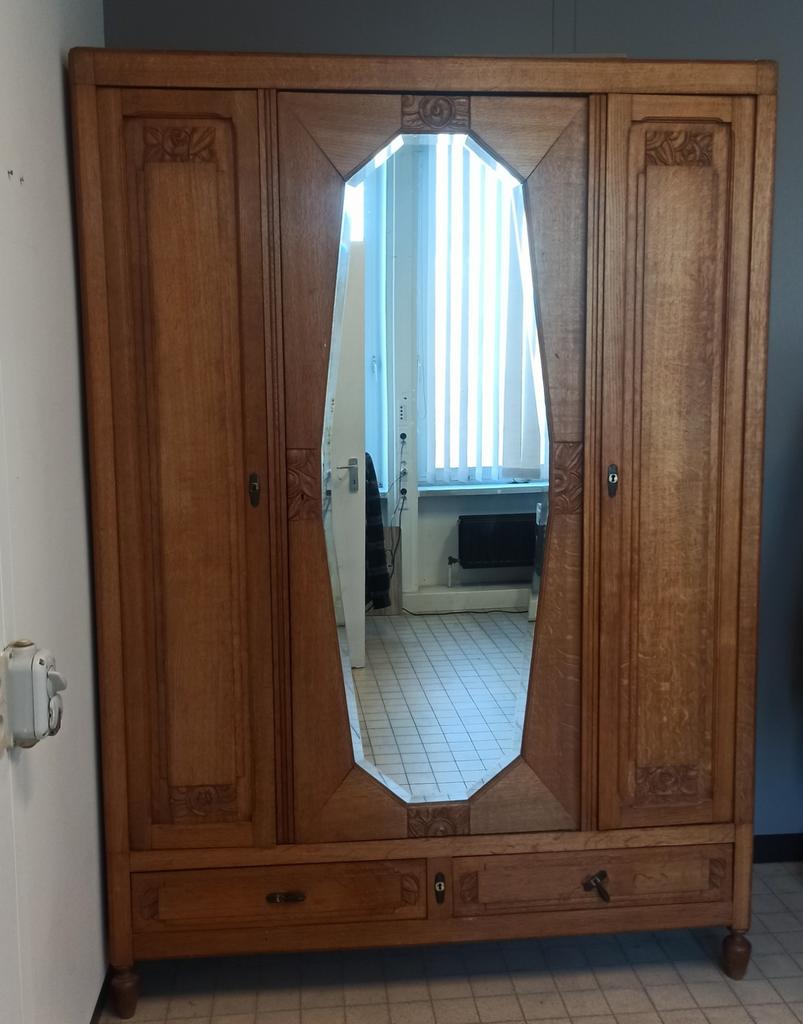 Vintage kleerkast in massief eiken + spiegel, Huis en Inrichting, Ophalen