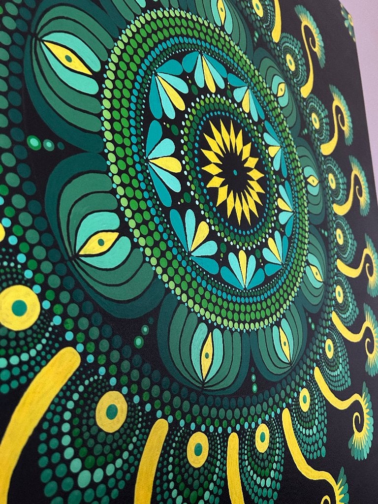 Mandala acrylique 100/100 cm, Antiquités & Art, Enlèvement ou Envoi