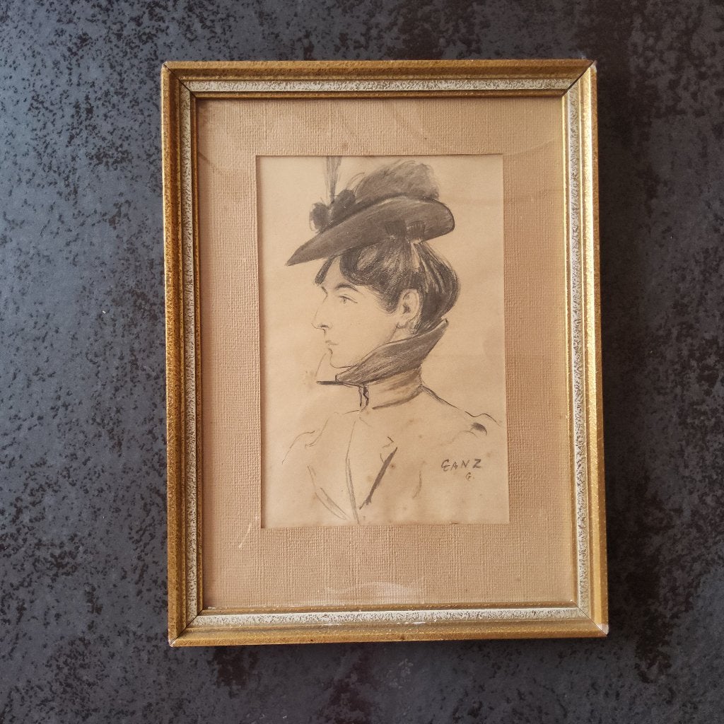 Meise Tekening dame door Edwin Ganz, Enlèvement ou Envoi, Dessin, Dessin à la plume, Encadré
