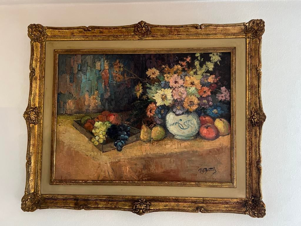 Olieverf stilleven bloemen & fruit – Pros Bosteels, Antiek en Kunst, Kunst | Schilderijen | Klassiek, Ophalen