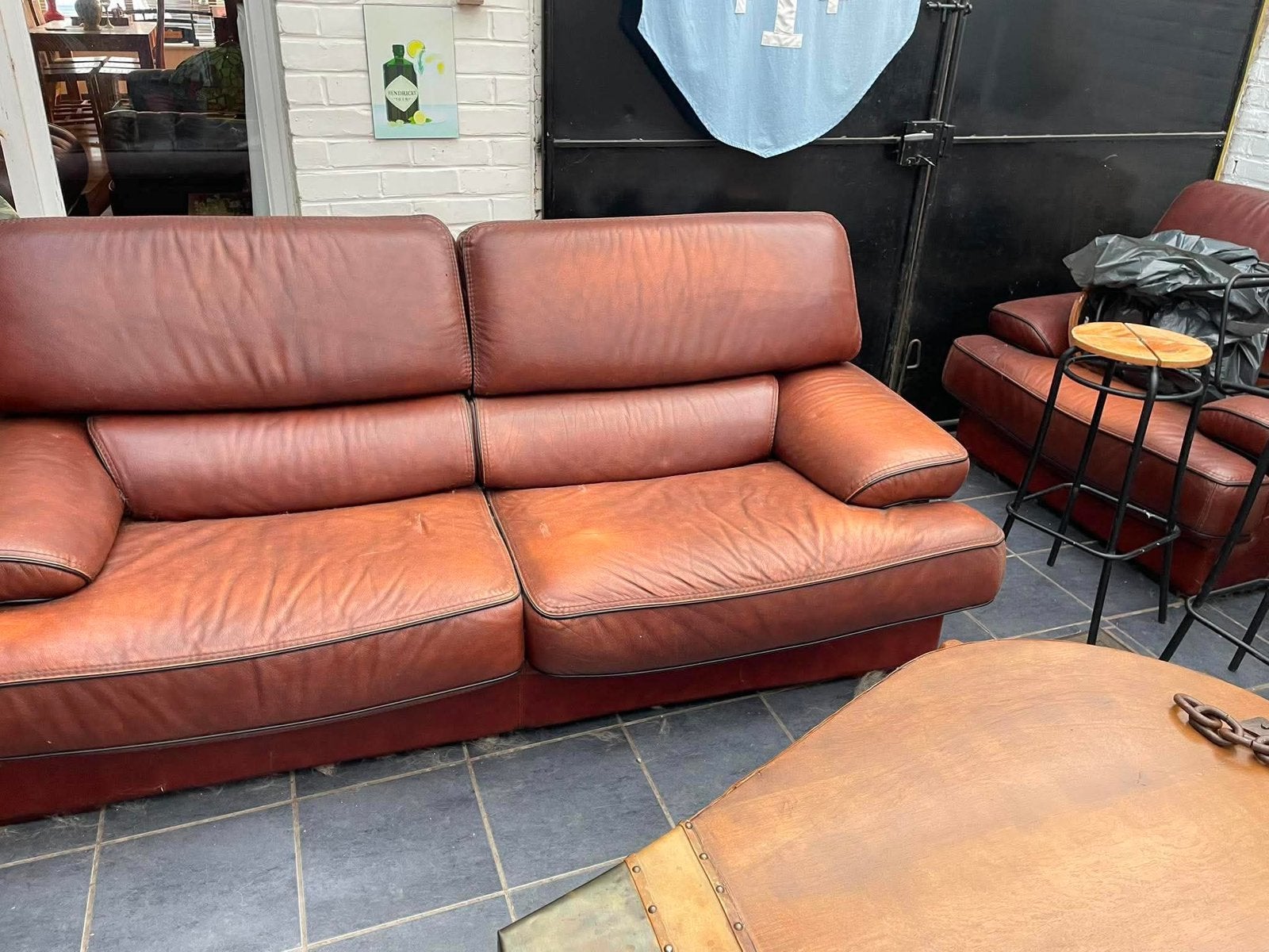 Stevig dik lederen driezit en club., Huis en Inrichting, Ophalen, Gebruikt, Driepersoons, Leer