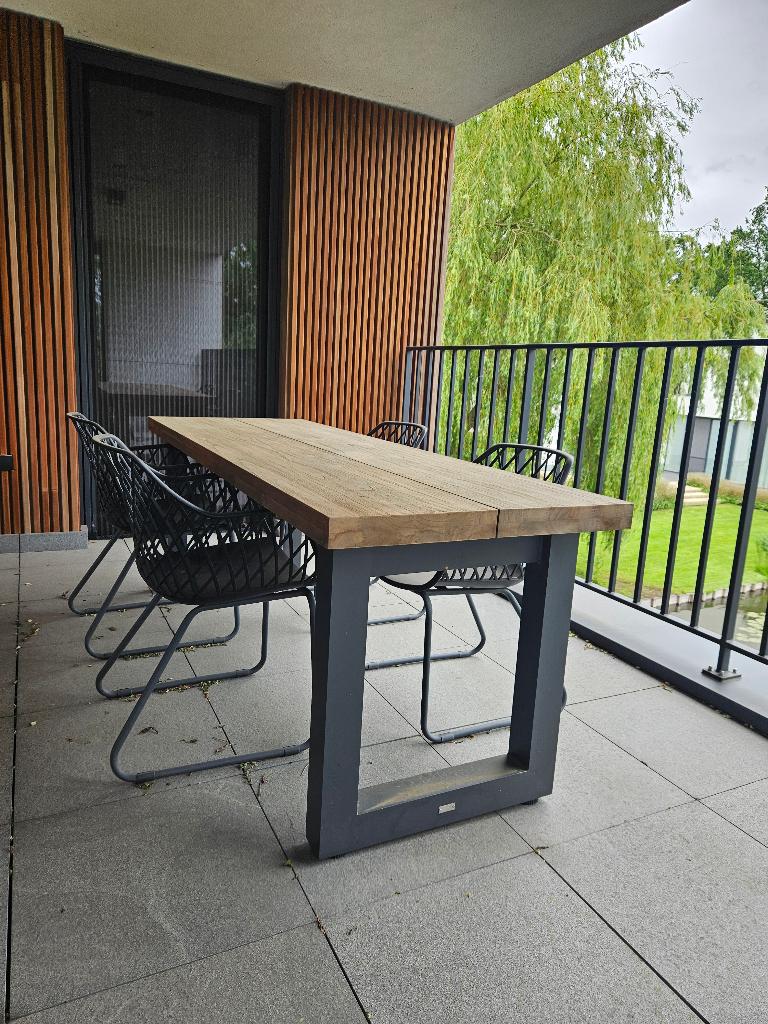 Nevada Tuin/terrastafel Teak met 4 tuinstoelen en zitkussens, Chaise, Salons de jardin, Comme neuf, 6 places