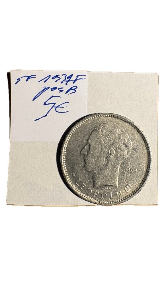 LEOPOLD III: 5 FRANCS 1937F positie B, Ophalen of Verzenden
