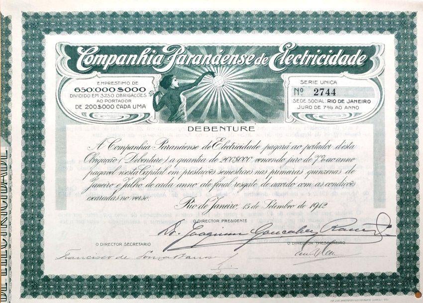 Companhia Paranaense de Electricidade (Rio de Janeiro) 1912, Verzenden, Voor 1920, Obligatie of Lening