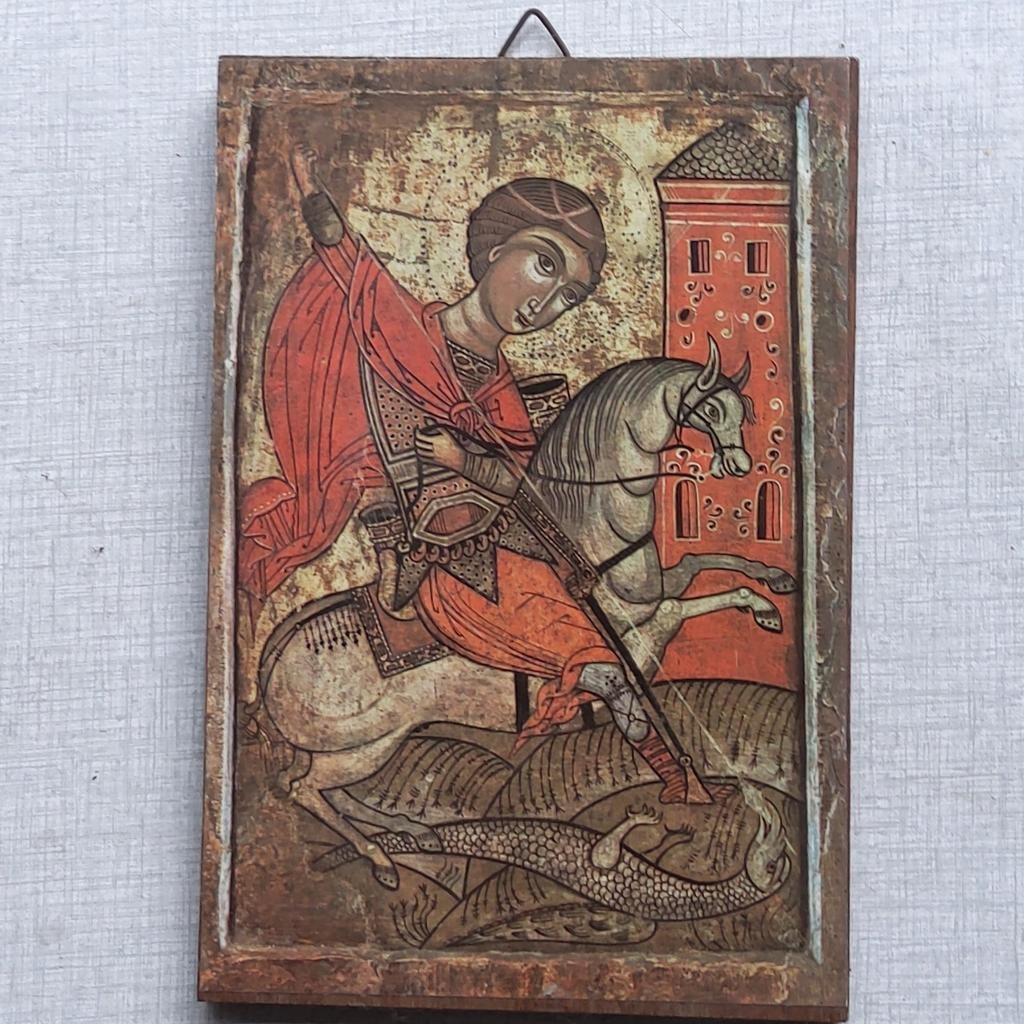Sint- Joris. Afbeelding van icoon op houten achtergrond., Ophalen of Verzenden