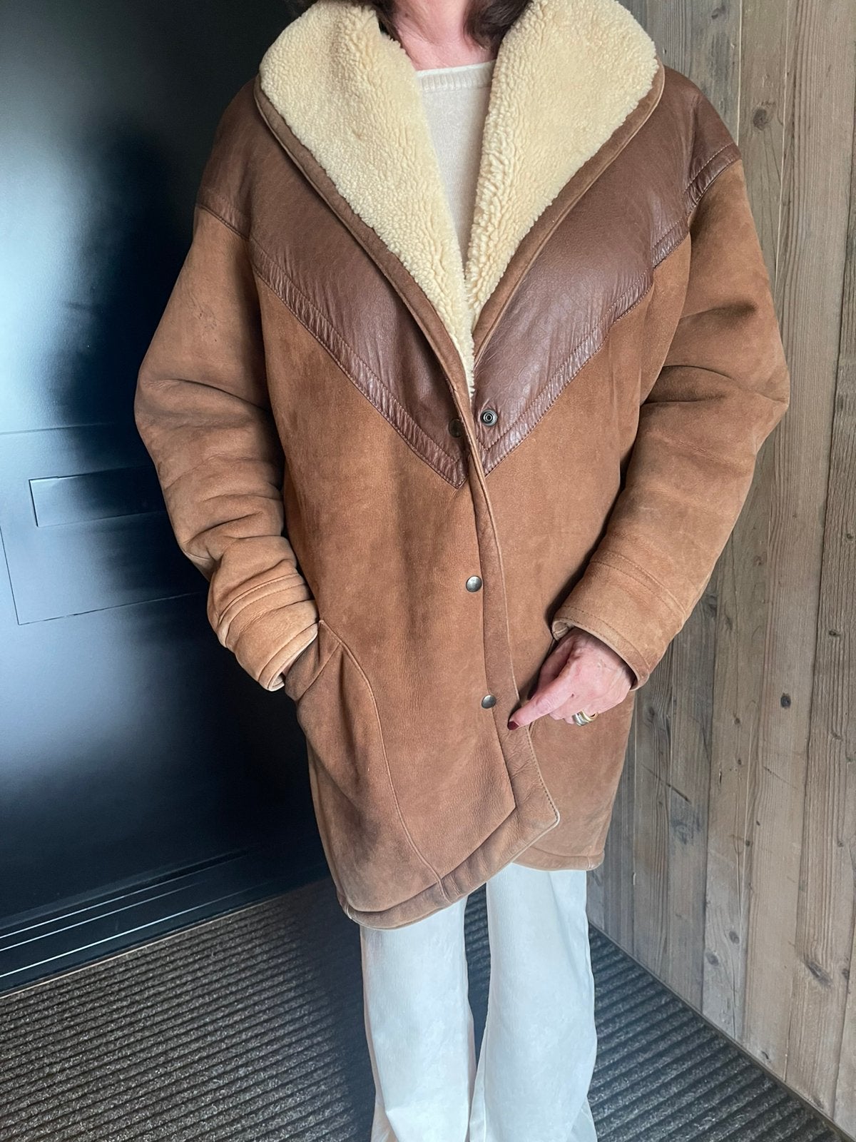 Lederen winter mantel moltone en daim, Ophalen, Zo goed als nieuw, Maat 38/40 (M), Bruin