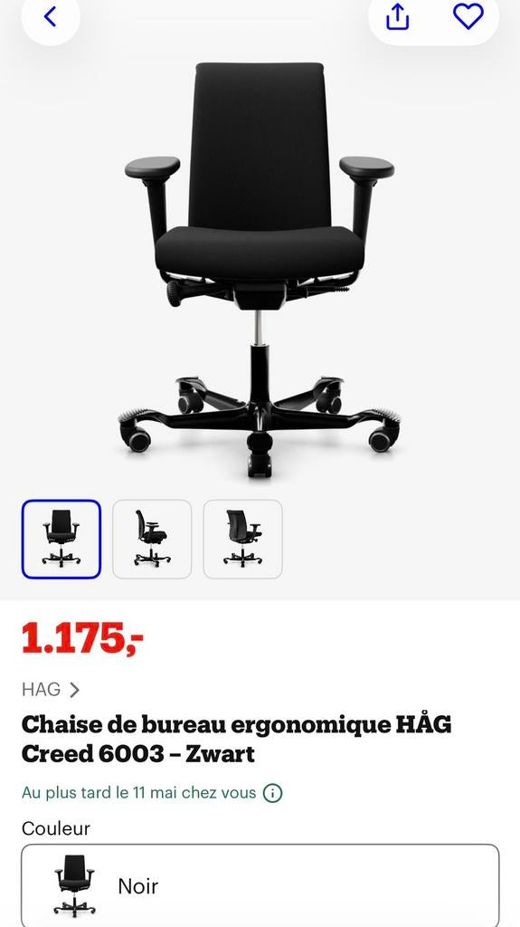 Bureaustoel HAG Creed 6004, Ophalen, Zwart, Nieuw, Bureaustoel