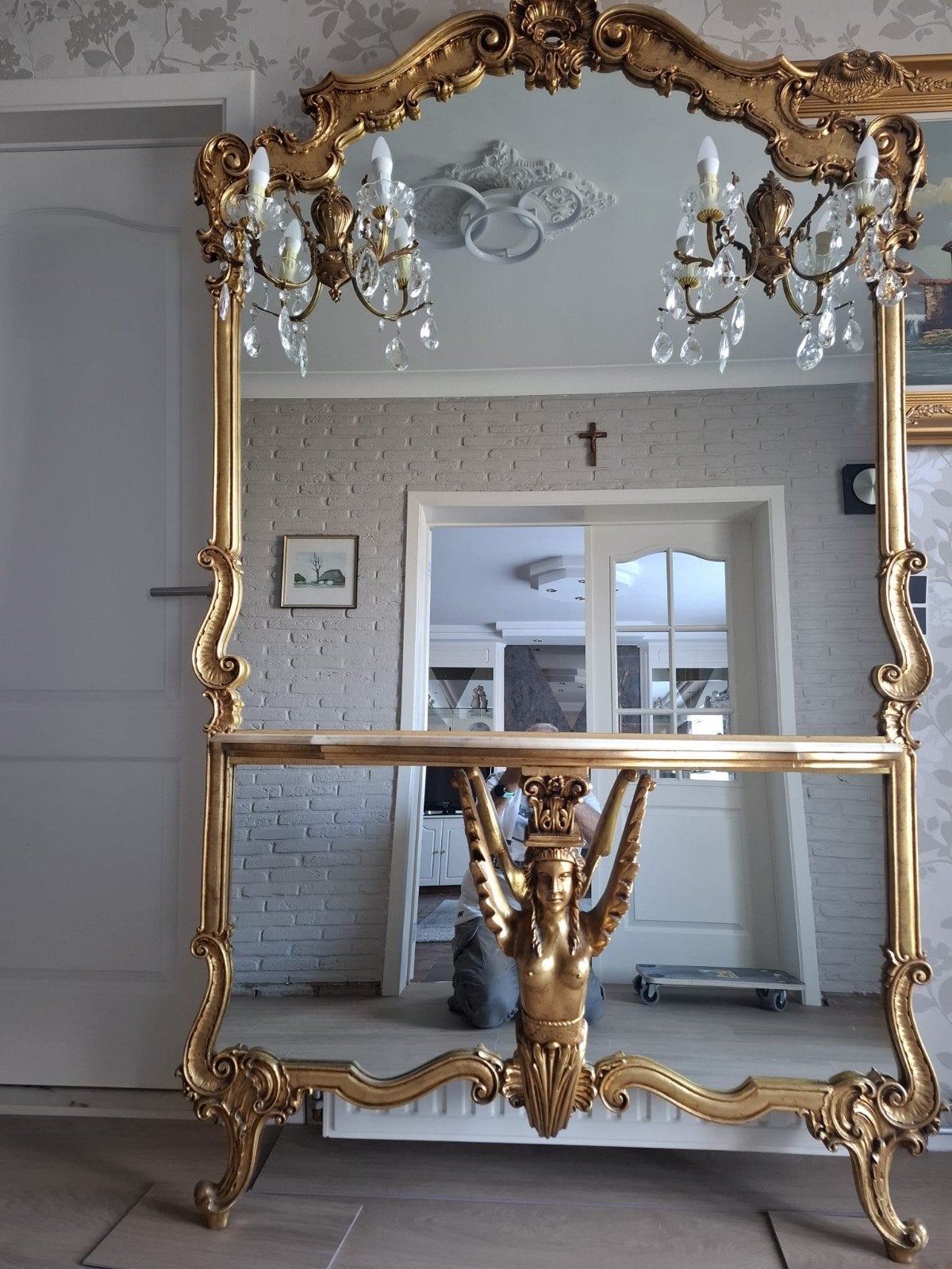 baroc spiegelconsole met bladgoud in sint-truiden, Antiek en Kunst, Ophalen, Overige vormen, 100 tot 150 cm, 200 cm of meer