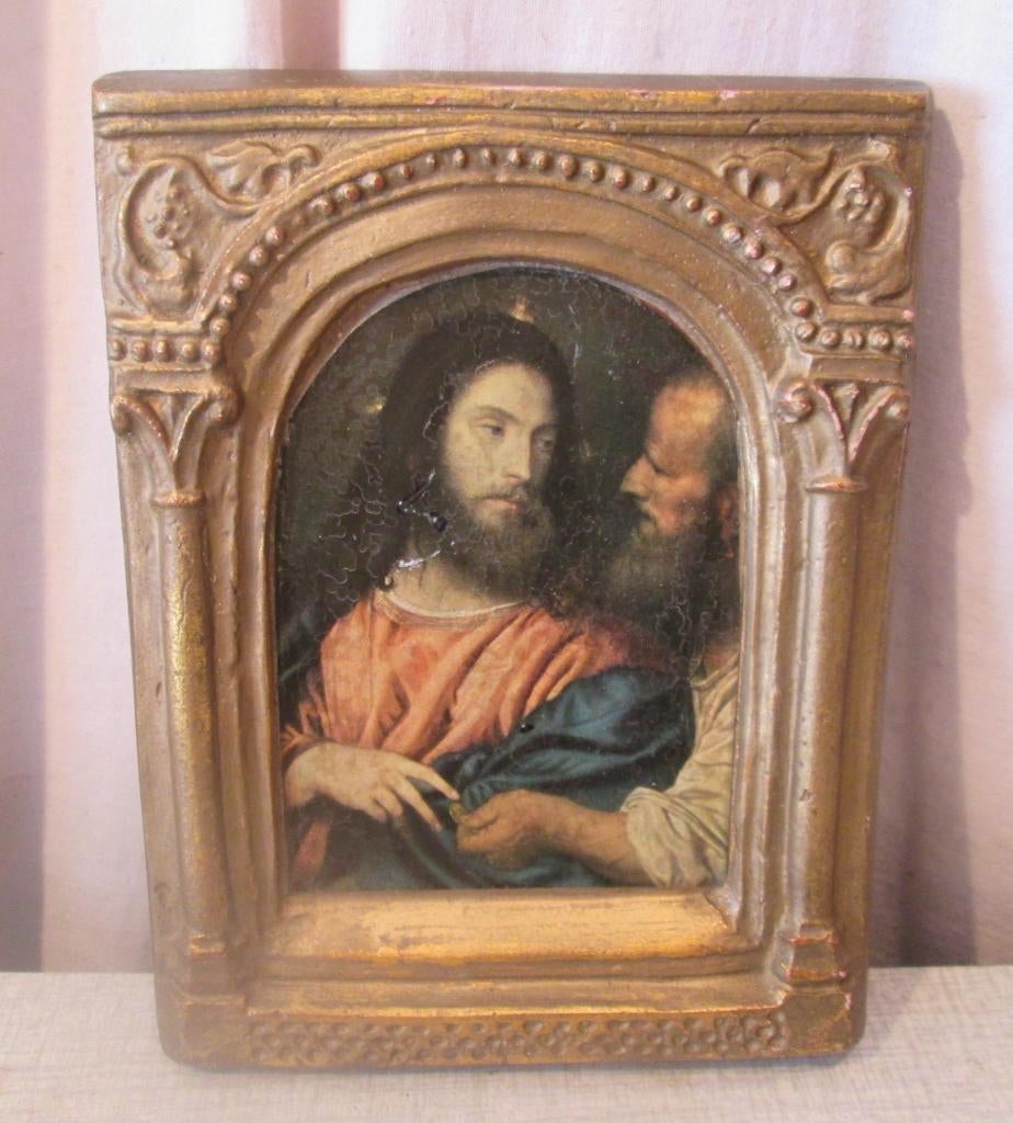 Antieke Prent in Kader - Christus en Johannes - 20x16, Antiek en Kunst, Antiek | Religieuze voorwerpen, Ophalen of Verzenden