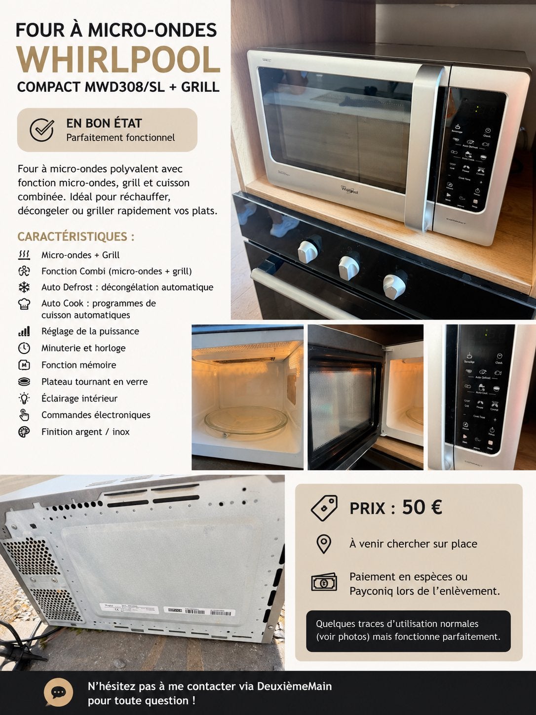 Four à micro-ondes Whirlpool Compact MWD308/SL + grill, Ophalen, Whirlpool, Gebruikt, Oven