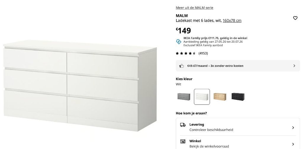 MALM Ladekast met 6 lades, wit, 160x78 cm, Ophalen, 5 laden of meer, 150 tot 200 cm, Zo goed als nieuw