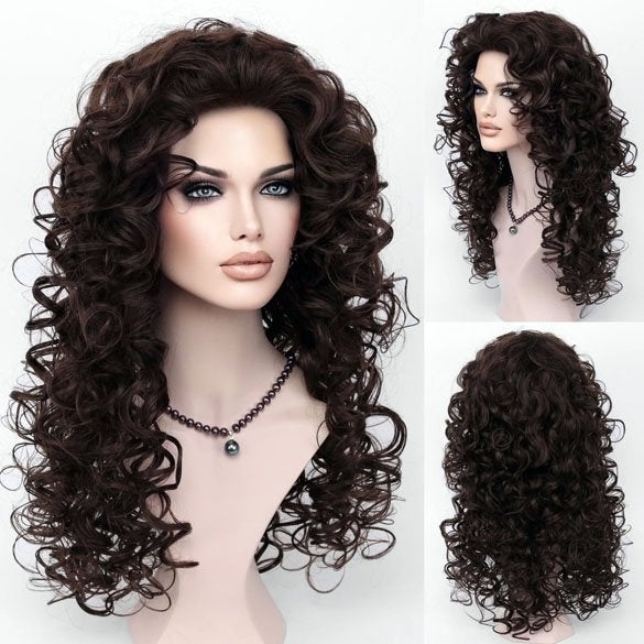 Sexy pruik bruin lang haar met volle krullen zonder pony, Handtassen en Accessoires, Uiterlijk | Haarverzorging, Ophalen of Verzenden