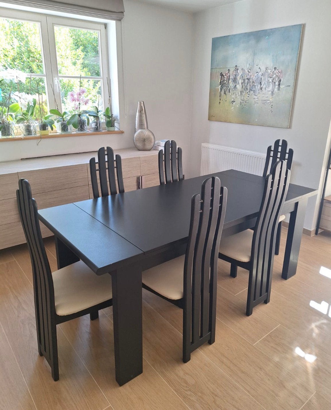 Table noire et 6 chaises salle à manger VINTAGE, Enlèvement, Utilisé, Vintage annees 80 - 90, 6 à 8 chaises