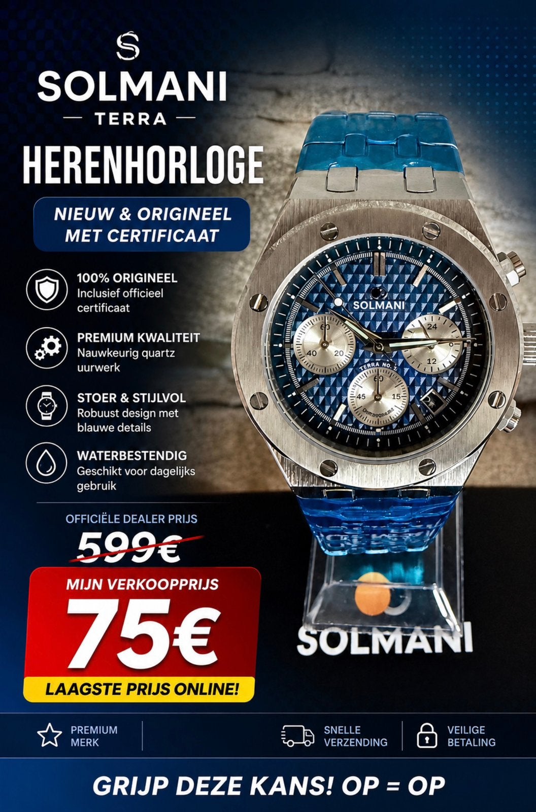 SOLMANI TERRA CHRONO TWV599€! 💯%NIEUW MET CERTIFICAAT, Ophalen of Verzenden, Nieuw