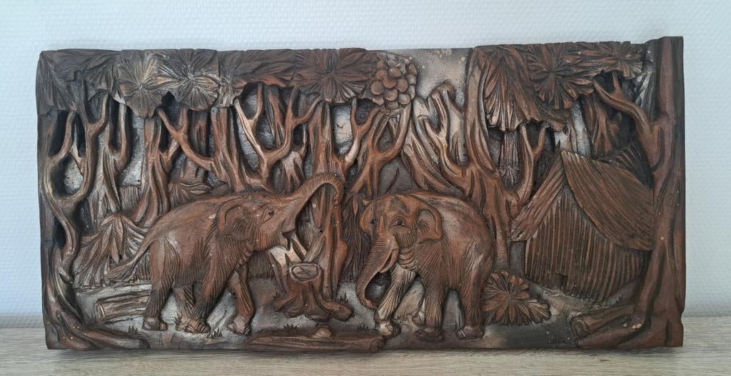 Houtsnijwerk wandpaneel Aziatische olifanten, Antiek en Kunst, Ophalen of Verzenden, Azië, Hout, Scène
