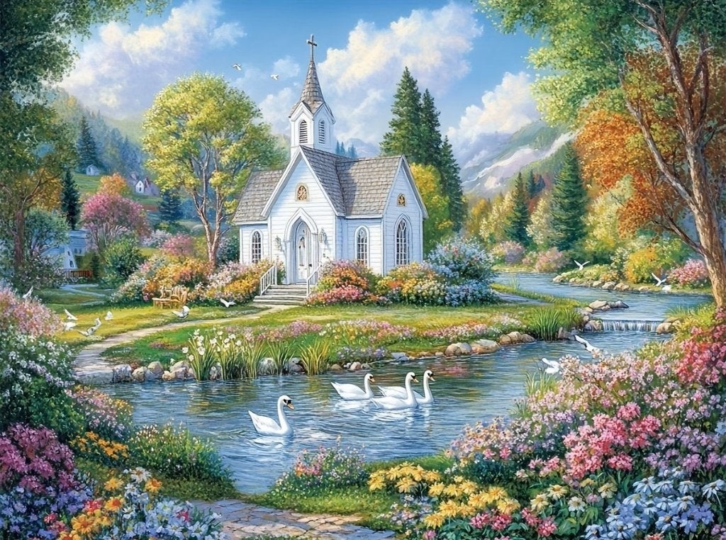 50x40cm Diamond Painting kerk zwanen (vierkant) nr 35, Hobby en Vrije tijd, Knutselen, Nieuw, Diamond painting, Educatief, Zelfklevend