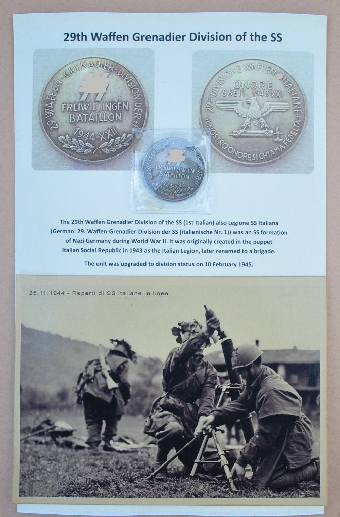 29ste Waffen gren. Legione S Italiana, munt + foto's, Verzamelen, Militaria | Tweede Wereldoorlog, Verzenden, Landmacht, Embleem of Badge