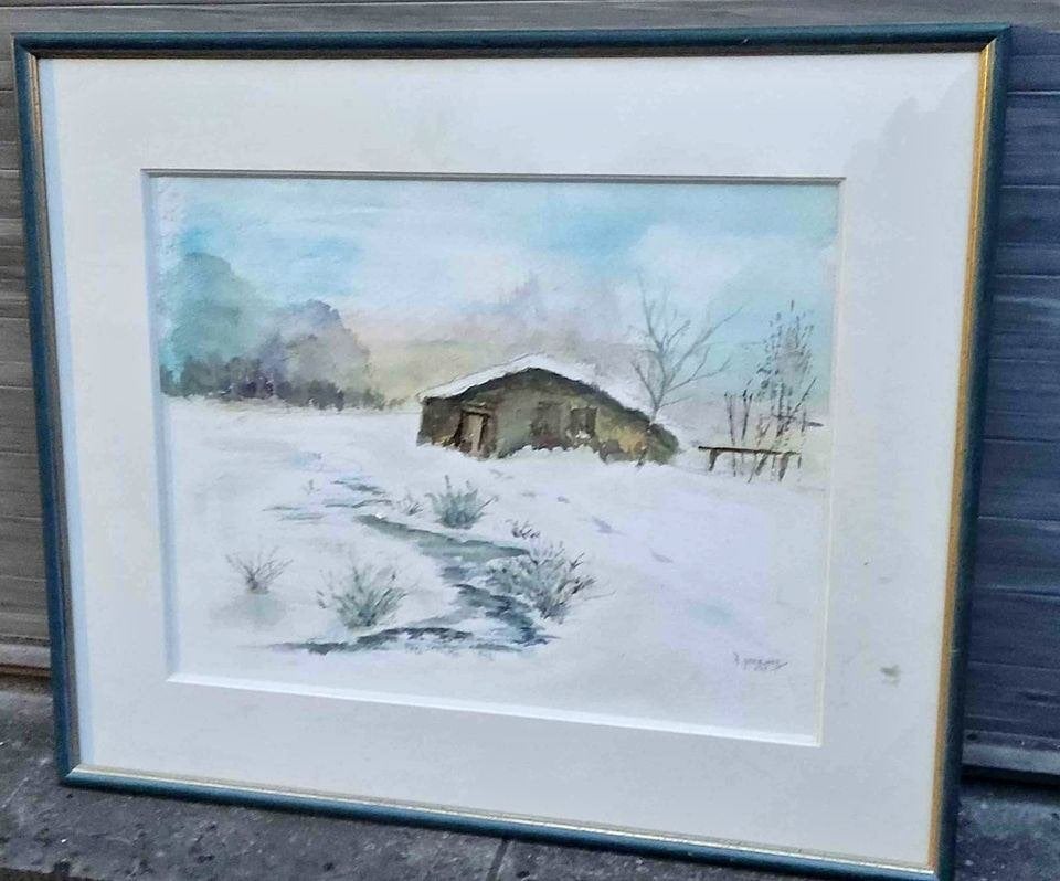 Aquarelle paysage enneigé signe jirikoff, Antiquités & Art, Enlèvement ou Envoi, Aquarelle, Paysage