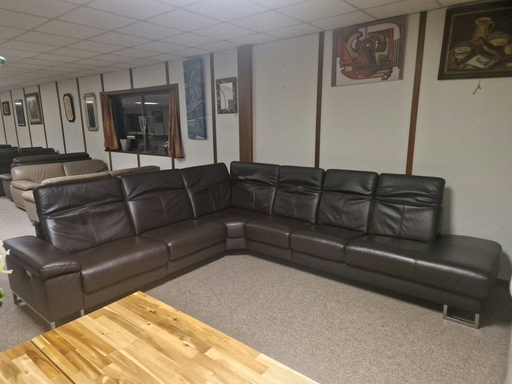 GROTE BUFFELLEDEREN HOEKSALON MET ELEKTRISCHE RELAX, Ophalen, Gebruikt, Leer