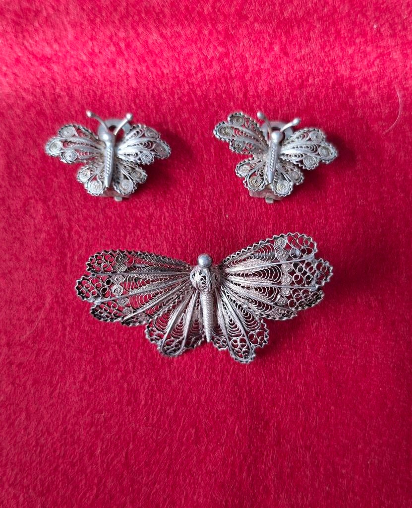 Vlinders, zilver, broche en oorclips, Ophalen of Verzenden, Gebruikt, Zilver, Zilver
