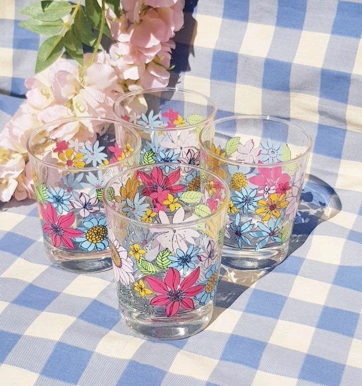 Verres décor fleurs vintage IKEA ( France), Collections, Verres & Petits Verres, Comme neuf, Verre à eau