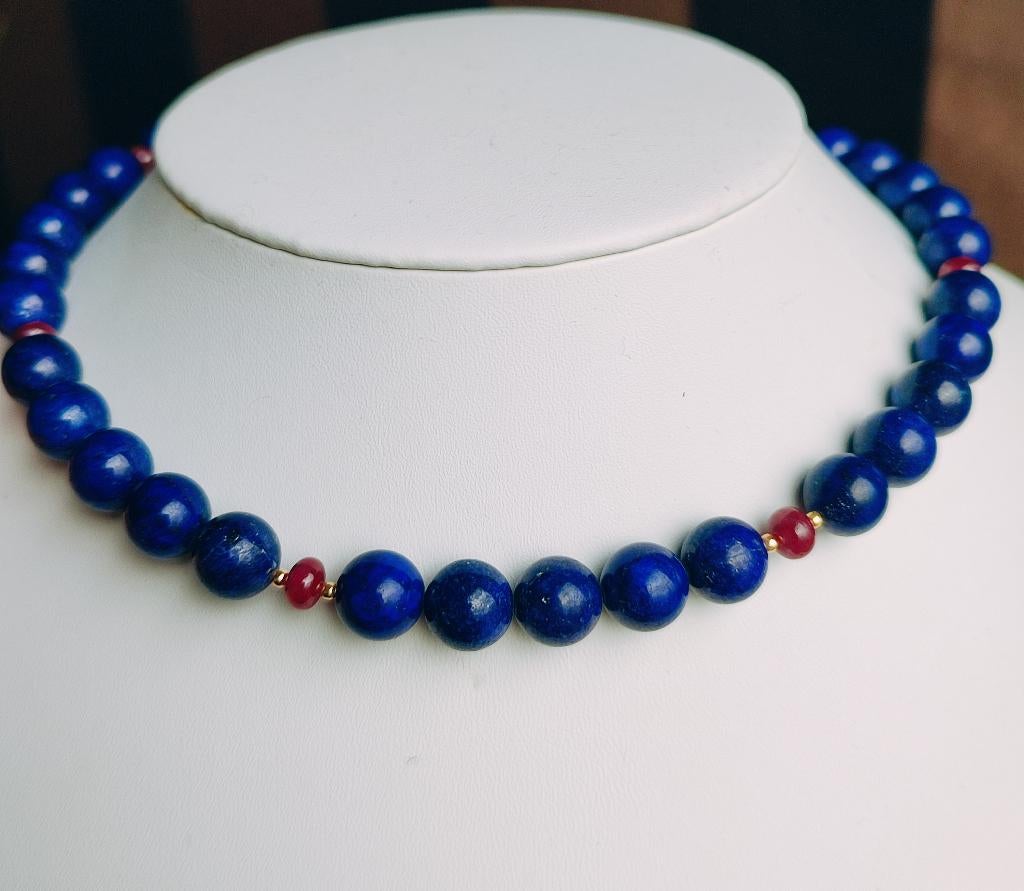 Collier met Lapis Lasuli,  rubies, gouden parels en slot, Handtassen en Accessoires, Kettingen, Ophalen of Verzenden, Zo goed als nieuw
