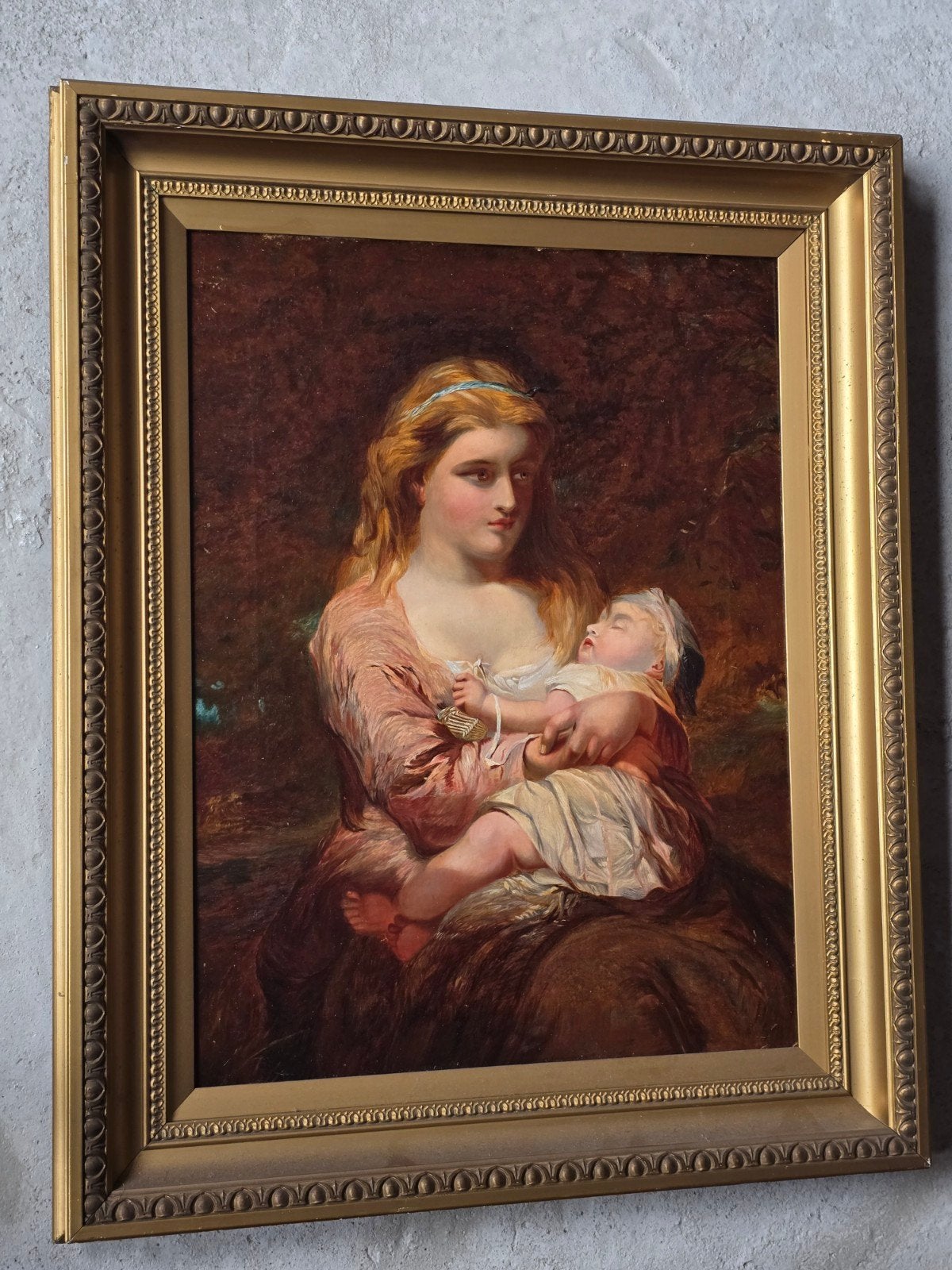 romantisch olieverf schilderij rond 1880, Antiek en Kunst, Ophalen, Doek, Portret of Personen, Olieverf