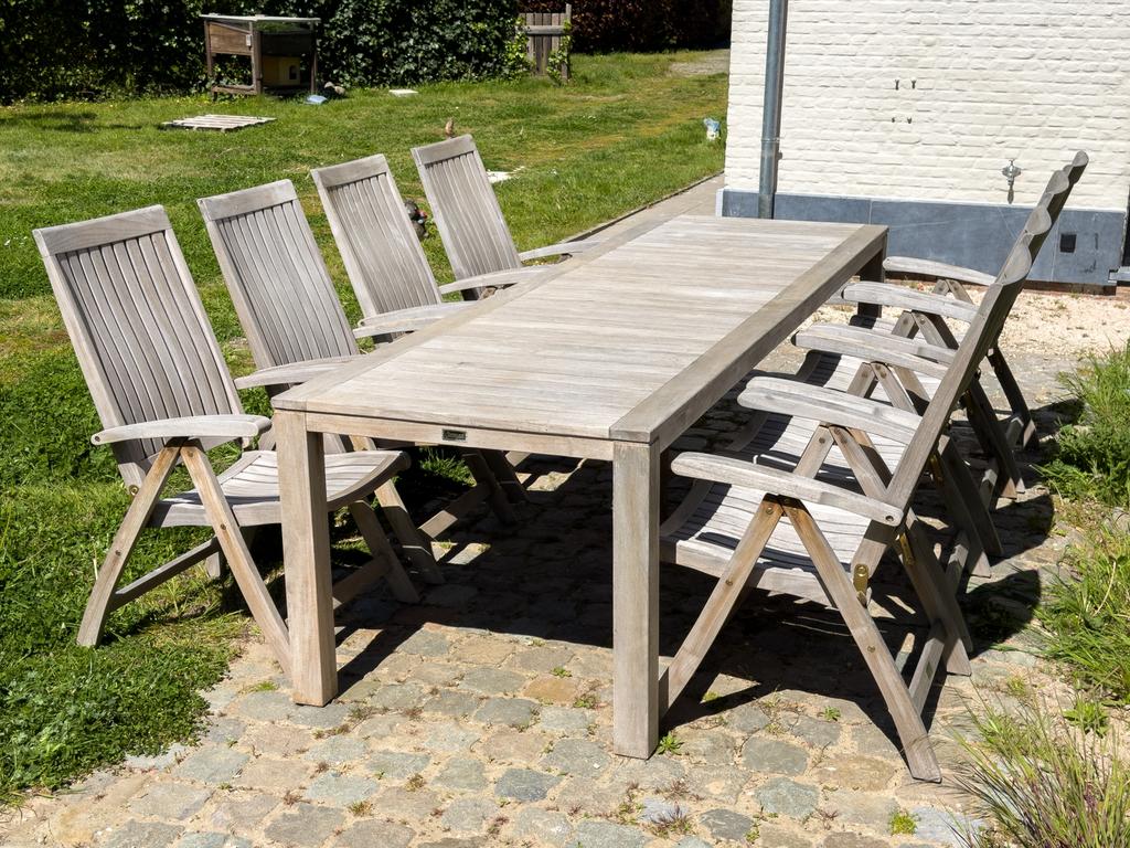 Tuinset teak (tafel + 8 stoelen), Ophalen, Gebruikt, Teakhout, 8 zitplaatsen