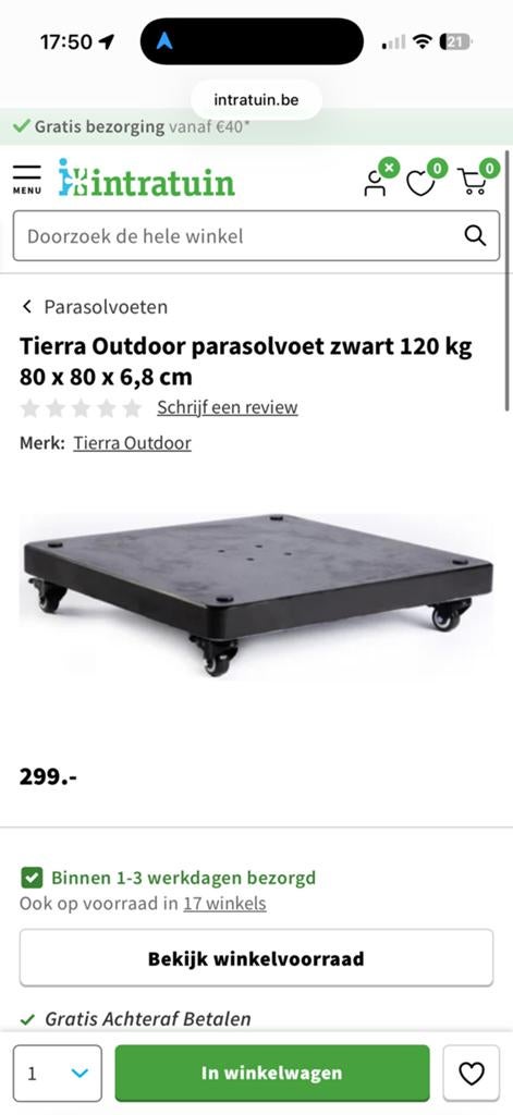 NIEUW Tierra Outdoor parasolvoet zwart 120kg 80x80x6,8 cm, Tuin en Terras, Parasols, Ophalen, Nieuw, Parasolvoet