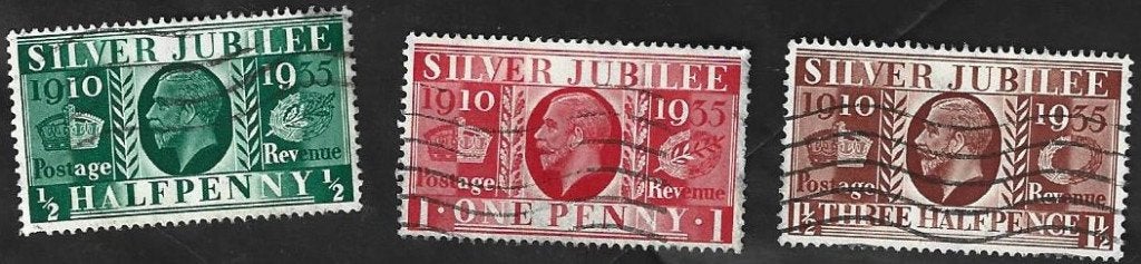 3 Postzegels Groot-Brittannië 1935Zilveren Jubileum GeorgeV, Ophalen of Verzenden, Gestempeld