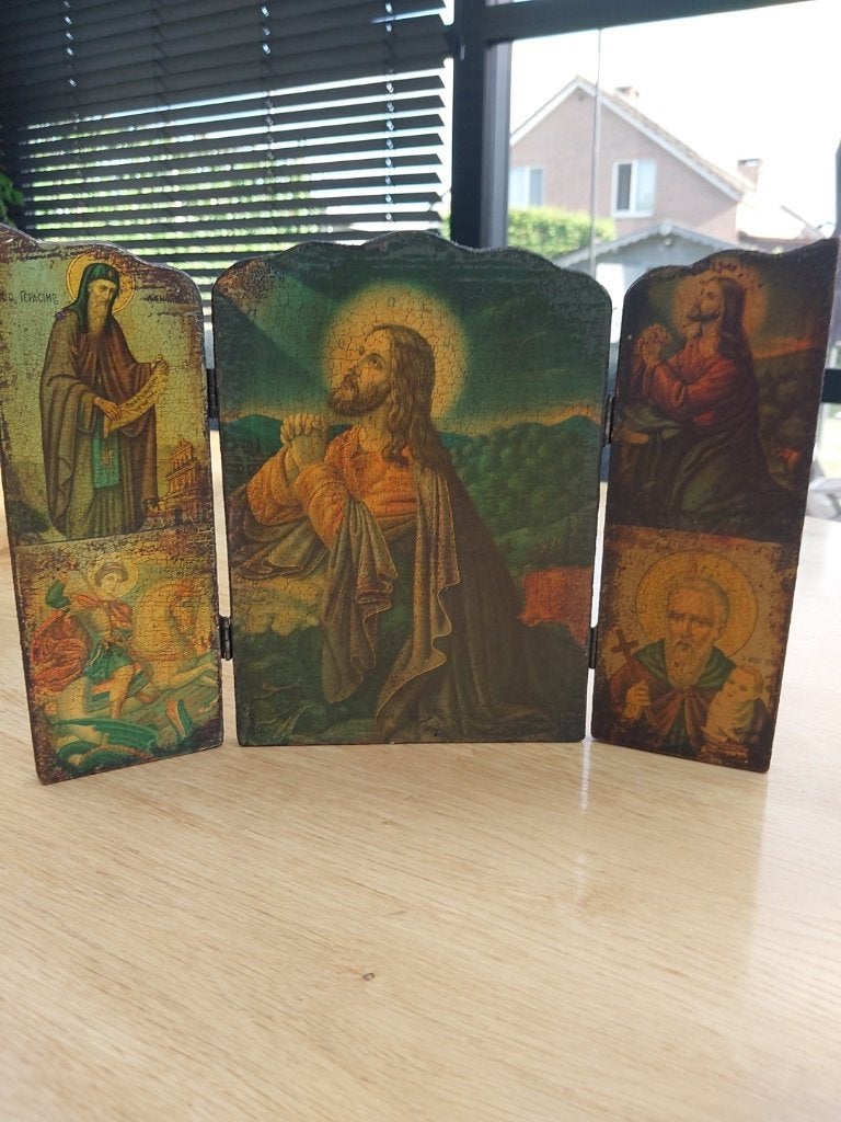 houten religieus drieluik / icoon – vintage uitstraling, Ophalen