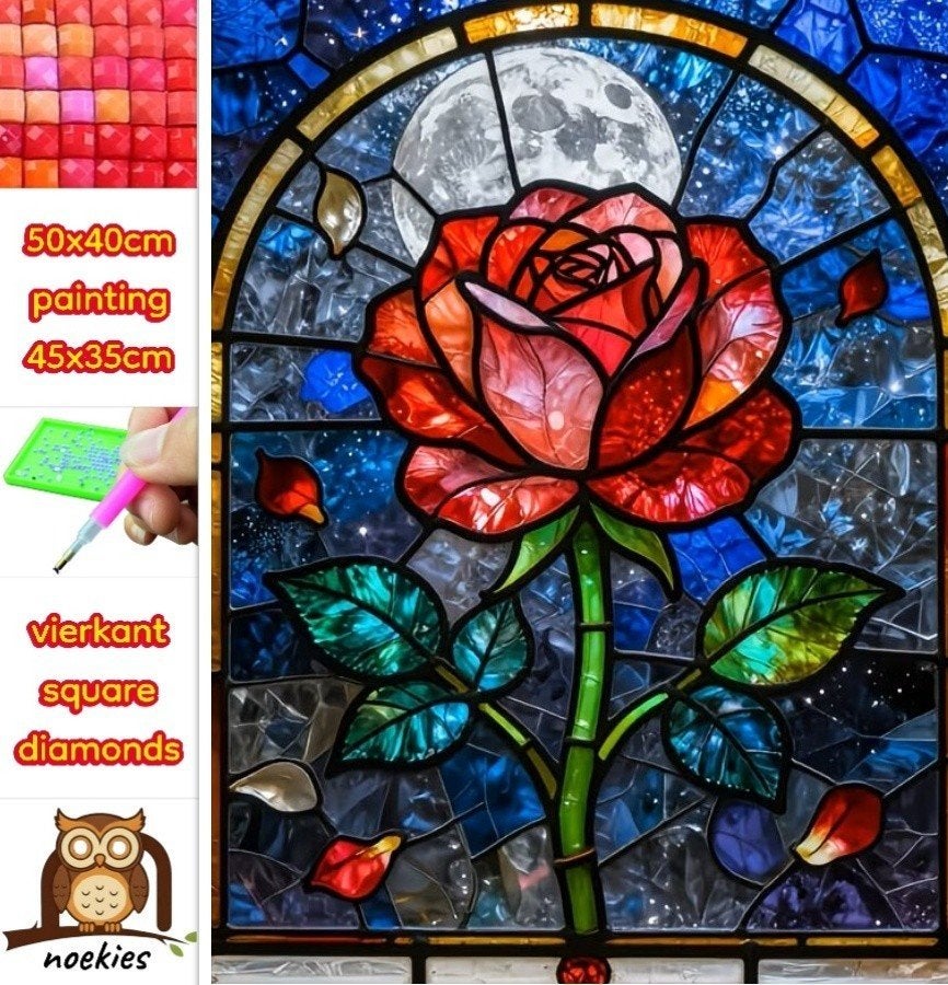 50x40cm Diamond Painting roos glas en lood (vierkant) nr 68, Verzenden, Overige thema's, Nieuw, Meerkleurig