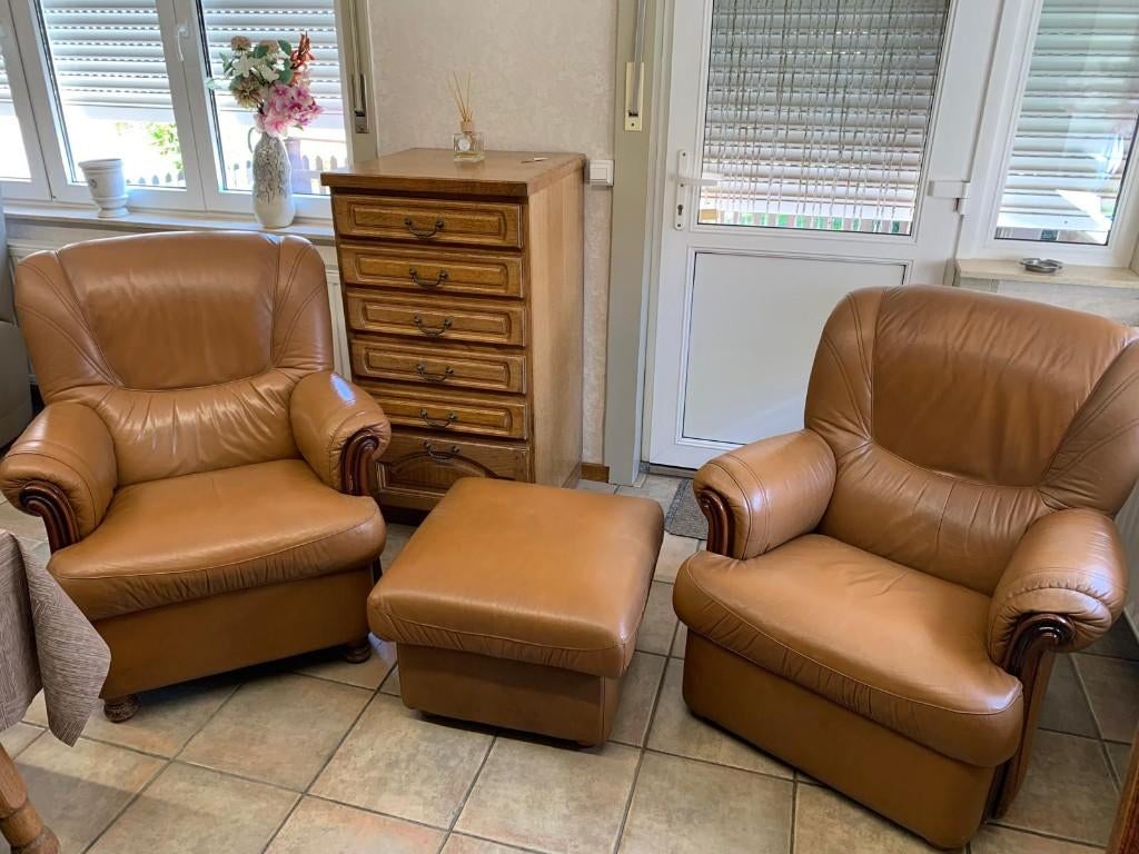 2 fauteuils + OTTOMAN LEATHER kleur „camel”, Huis en Inrichting, Fauteuils, Ophalen, Gebruikt, Leer