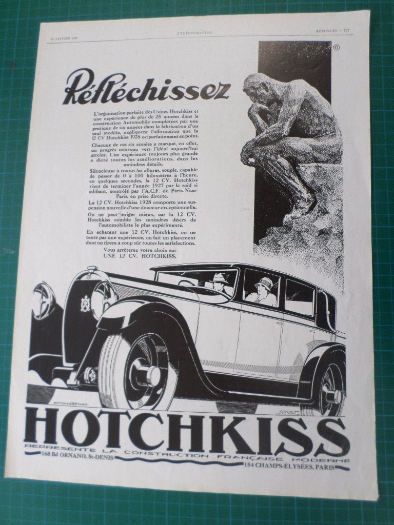 Hotchkiss automobile - publicité papier - 1928, Collections, Enlèvement ou Envoi, Utilisé, Autres types