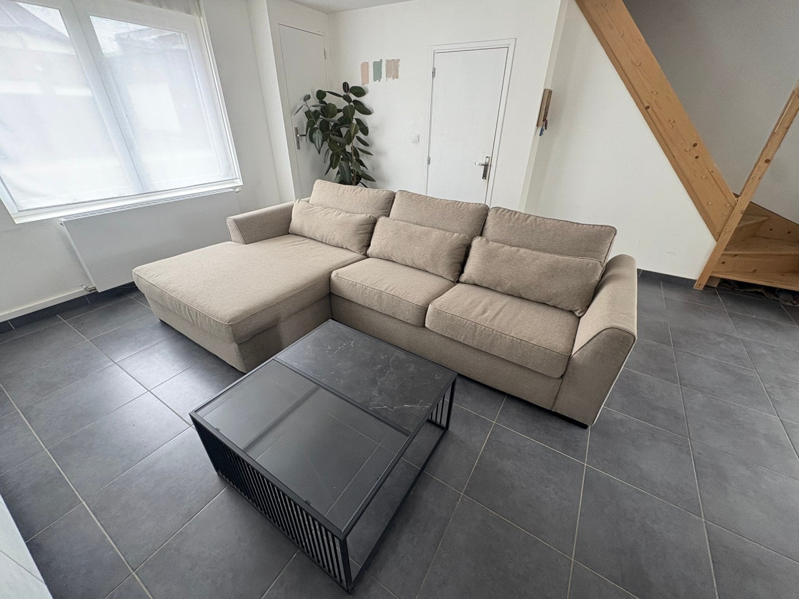 Salon met extra brede longchair in nieuwstaat, Ophalen, Nieuw, Stof, Landelijk