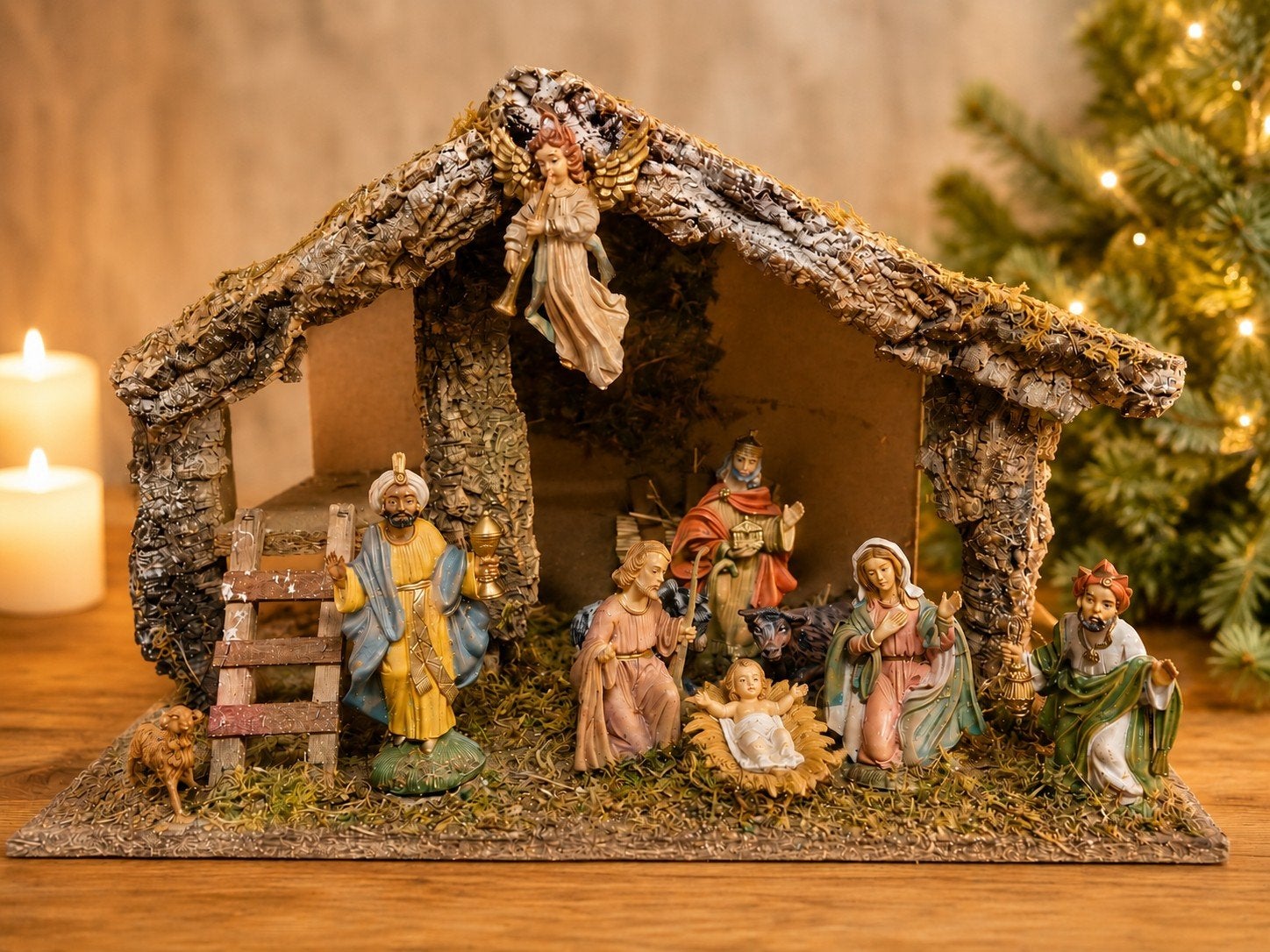 Rustieke kerststal met engel en kerstfiguren – sfeervolle de, Diversen, Kerst, Ophalen of Verzenden