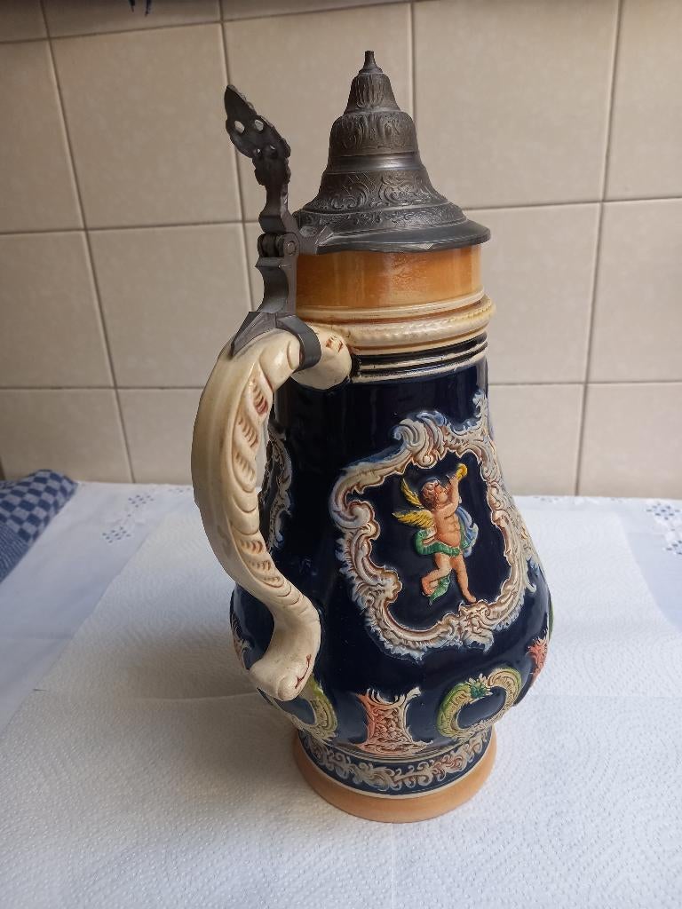 Chope à bière ancien, couvercle en étain., Enlèvement