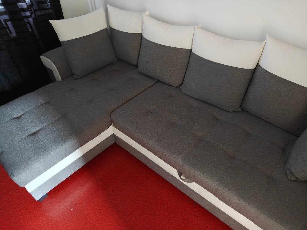 Canapé d'angle en L + coffre gris et blanc nouveau, Maison & Meubles, Banc d'angle, Quatre personnes ou plus, Bois, Comme neuf