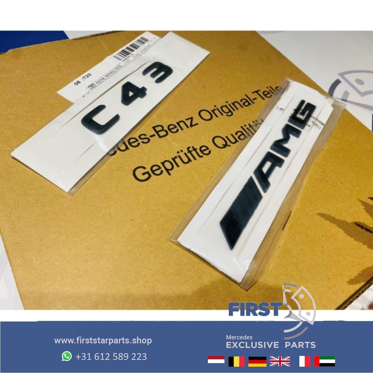W205 C43 AMG LOGO SET ZWART EMBLEMEN SET Mercedes C KLASSE B, Gebruikt, -, Ophalen of Verzenden, -
