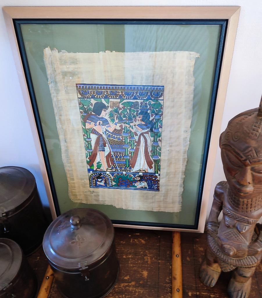 Schilderij op papyrus: farao Toetanchamon en zijn vrouw, Antiek en Kunst, Ophalen of Verzenden