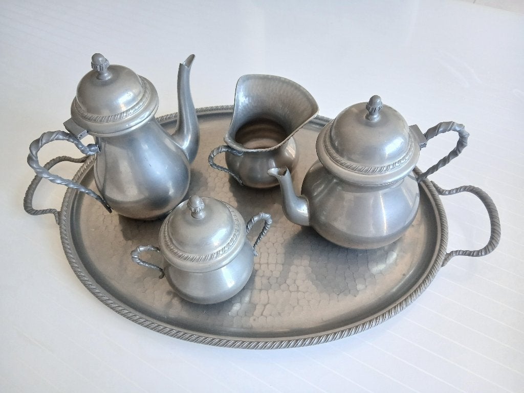 Service café/thé étain fin 95% avec plateau martelé vintage, Antiek en Kunst, Ophalen