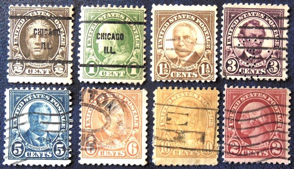 Timbres - huit timbres "Présidents" 1922-1930 - oblitérés, Envoi, Affranchi, Amérique du Nord