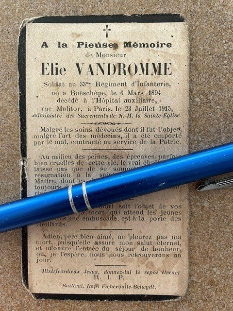 14-18 Soldat 33reg Infant VANDROMME Boeschepe +Paris1915, Verzamelen, Bidprentjes en Rouwkaarten, Ophalen of Verzenden, Bidprentje