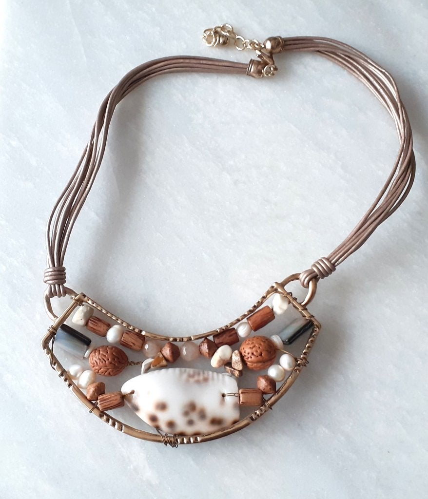 statement ketting wirewrapping boho chic met zoetwaterparels, Bruin, Nieuw, Ophalen of Verzenden, Steen of Mineraal