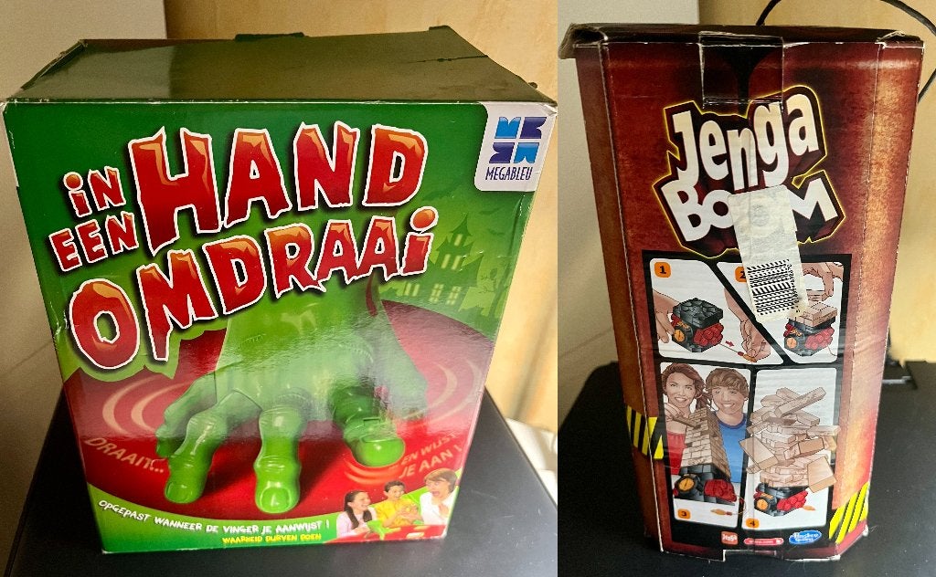 In een hand omdraai + Jenga boom, Hobby en Vrije tijd, Een of twee spelers, Ophalen, Zo goed als nieuw