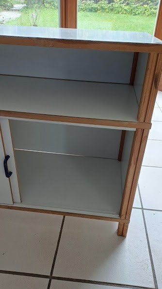 Petite armoire blanche et bois, portes coulissantes, Maison & Meubles, 25 à 50 cm, Avec porte(s), Comme neuf, Enlèvement