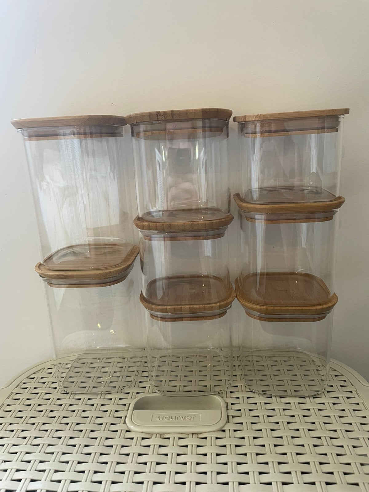 Bocaux de rangement carrés en verre avec couvercle en bois, Enlèvement, Comme neuf